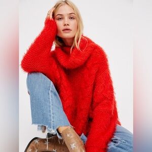 Free People Red Fuzzy Cable Knit Oversized Turtleneck Sweater One Size M